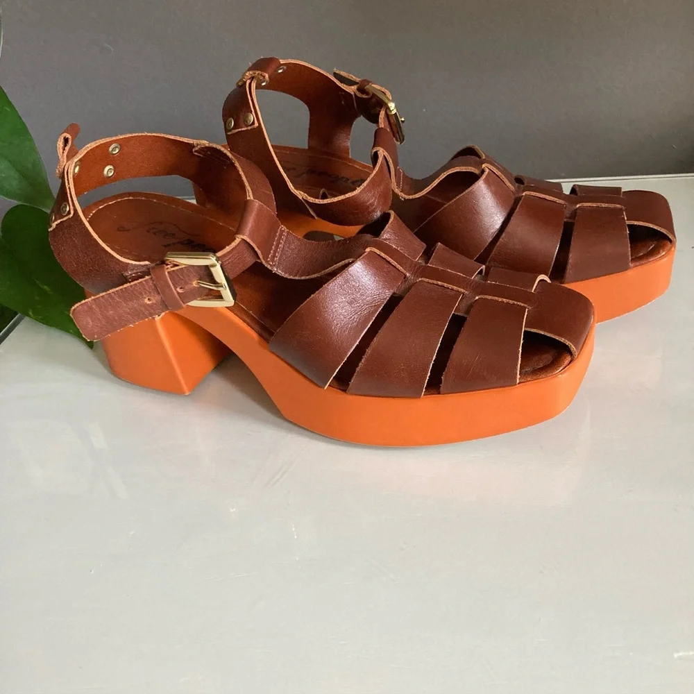 Free People Brown Leather Platform Sandals with Orange Soles